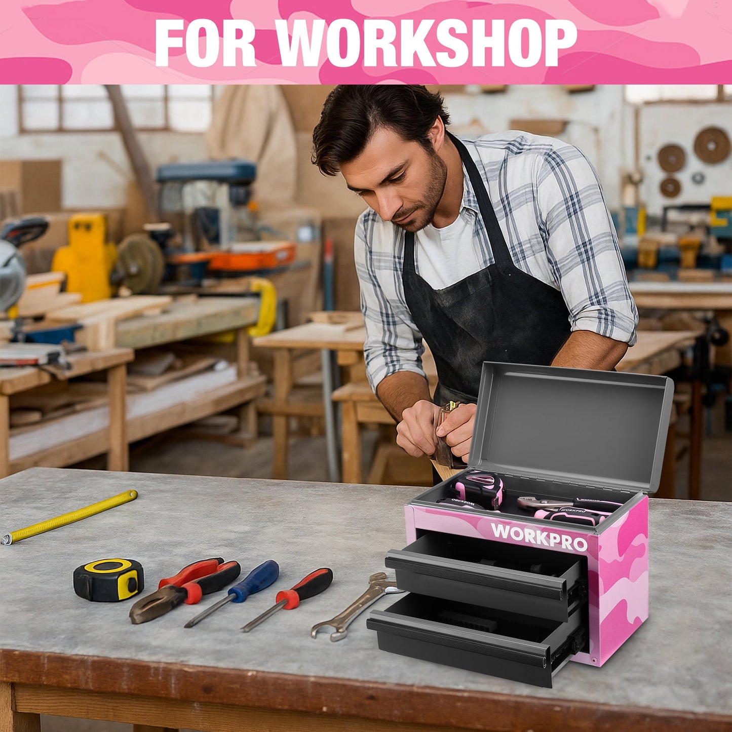WORKPRO Mini Tool Box, 2-Drawer Metal Tool Chest with Ball Bearing Slides, Top Storage, Pink Camo