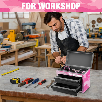 WORKPRO Mini Tool Box, 2-Drawer Metal Tool Chest with Ball Bearing Slides, Top Storage, Pink Camo