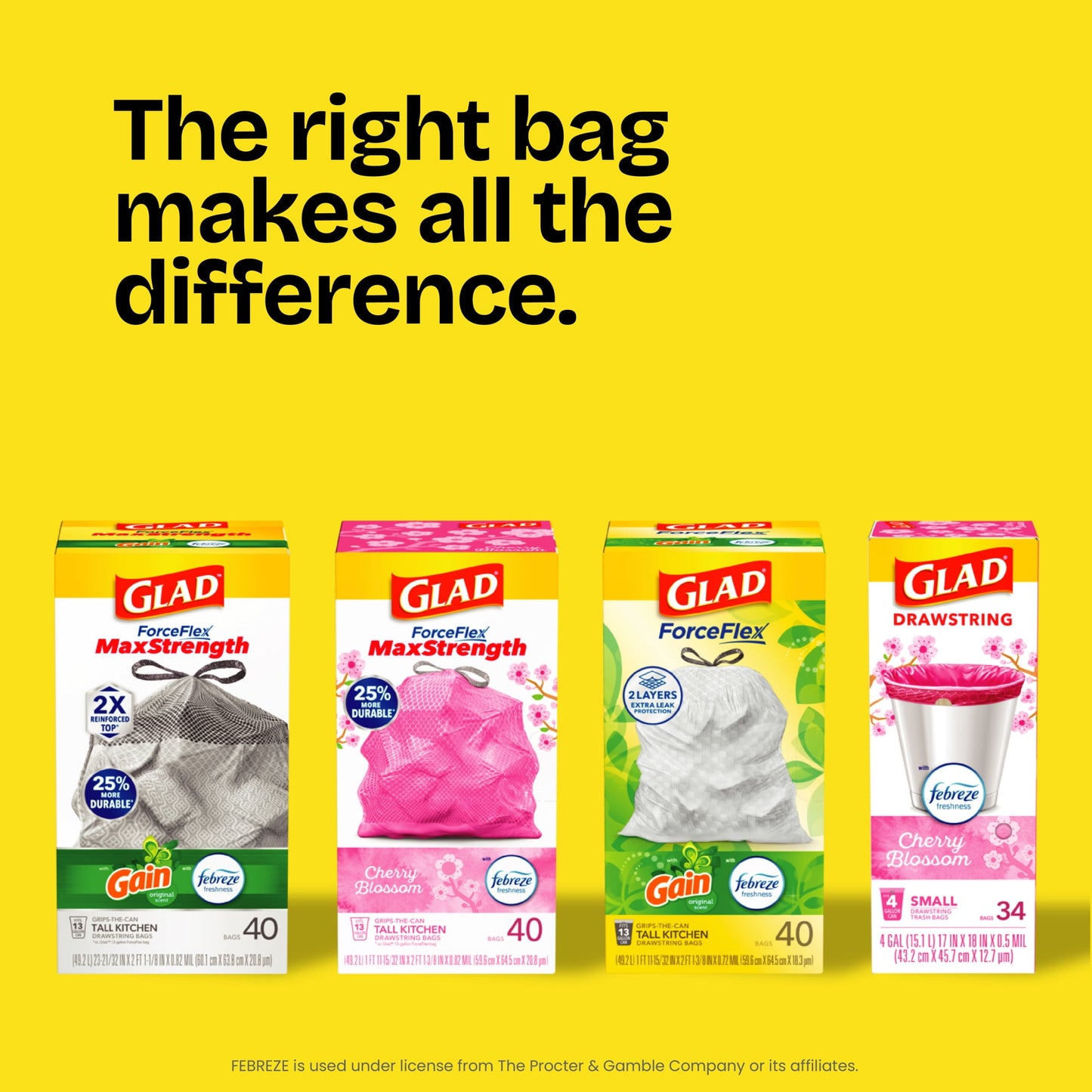 Glad ForceFlex Tall Kitchen Drawstring Trash Bags, 13 Gal, Gain Lemon Zest Febreze, 40 Count