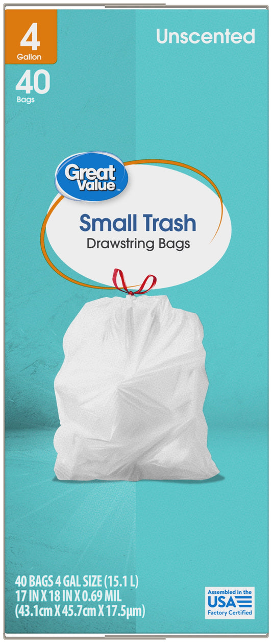 Great Value 4-Gallon Small Drawstring Trash Bags, 40 Bags