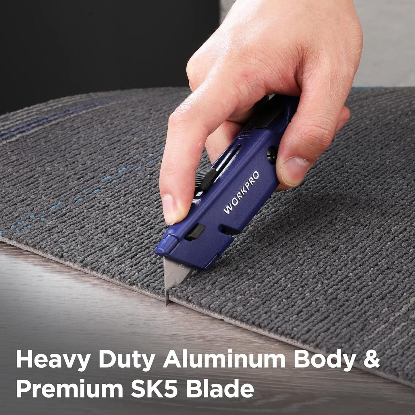 WORKPRO Retractable Box Cutter, Quick Change Utility Knife with Extra Blade Storage - Heavy Duty Aluminum Razor Knife, Twine Cutter, Bonus SK5 Blades Included, Blue