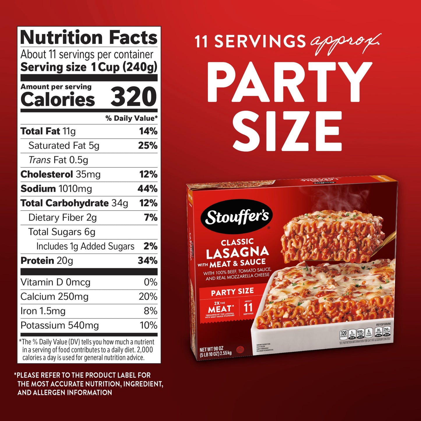 Stouffer's Classic Lasagna with Meat and Sauce, Party Size Pasta, Frozen Meals, 90 oz (Frozen) 