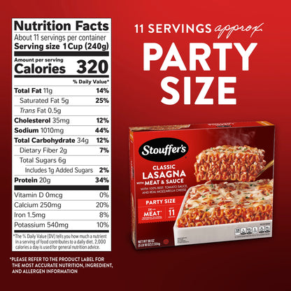 Stouffer's Classic Lasagna with Meat and Sauce, Party Size Pasta, Frozen Meals, 90 oz (Frozen) 