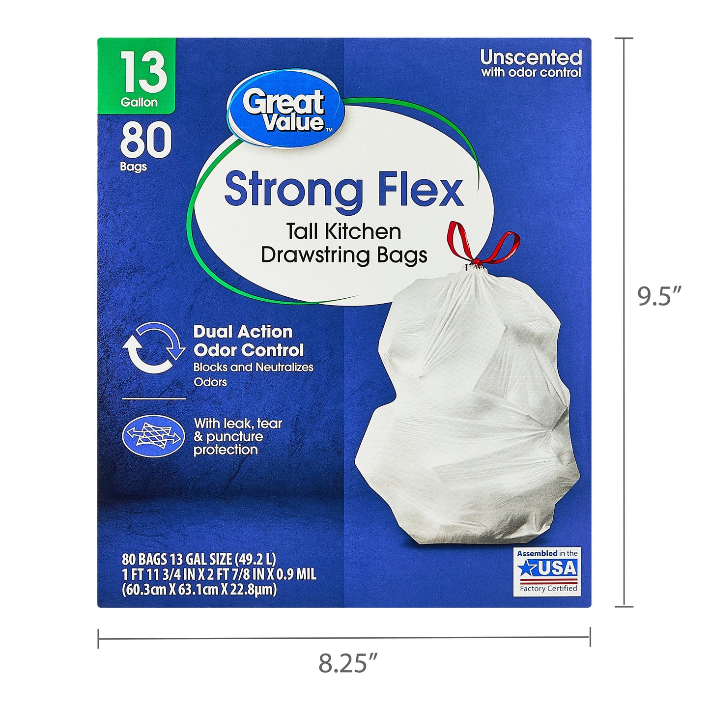 Great Value Strong Flex 13 Gallon Drawstring Tall Kitchen Trash Bags, Unscented, 80 Count