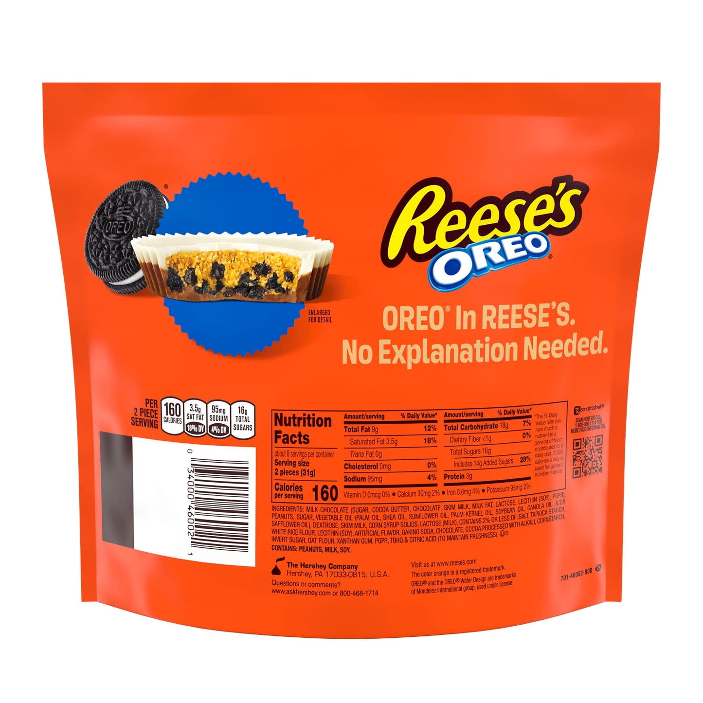 Reese's OREO Milk Chocolate and White Creme Snack Size Peanut Butter Cups Candy, Bag 8.8 oz