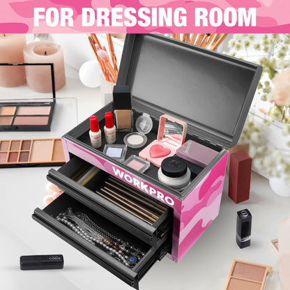 WORKPRO Mini Tool Box, 2-Drawer Metal Tool Chest with Ball Bearing Slides, Top Storage, Pink Camo